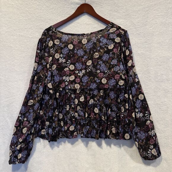 Coco Jaimeson Women’s Boho Floral Print Ruffle Blouse V-Neck Tiered Peplum - Picture 7 of 10